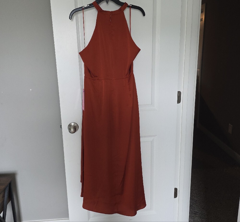 Badgley Mischka Rust Halter Ruffle High-Low Gown - Picture 11 of 16
